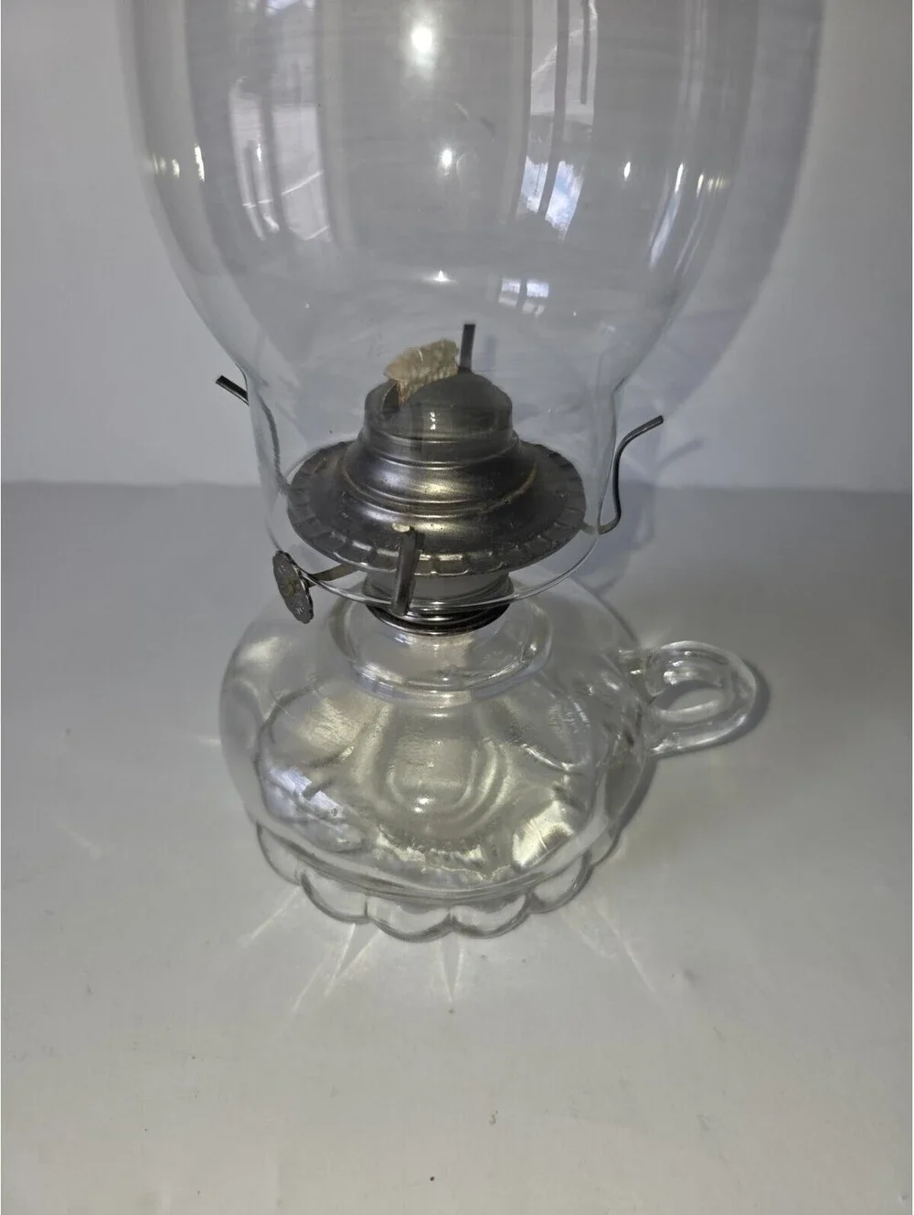 Vintage Lamplight Farms Clear Glass Oil Lamp W/Finger Loop & Scalloped Bottom